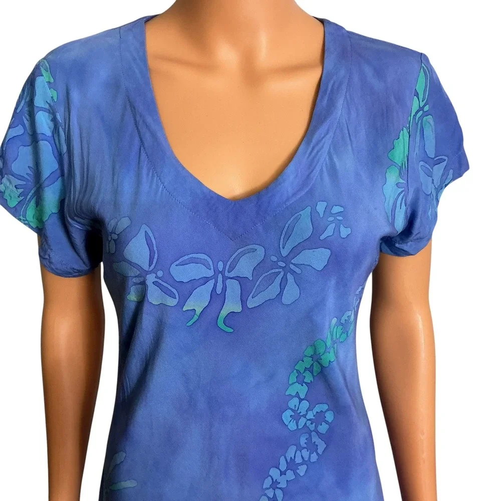 Tropical Tantrum Blue Hawaiian Floral Print Dress V Neck ShortSleeve Casual Mumu - Picture 6 of 16